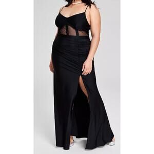 Honey and Rosie Long Black Dress Size 18 NWT Ruched Thigh High Slit A1.1